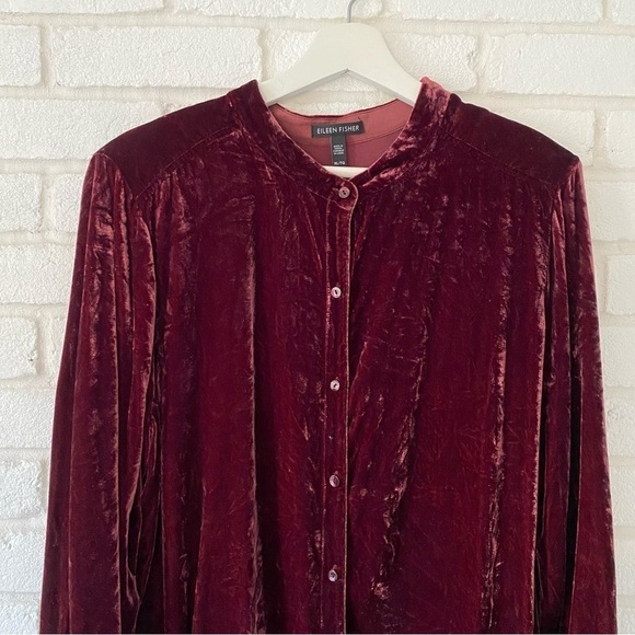 Eileen Fisher Velvet Classic Collar Long Tunic Shirt Deep Claret Red Size XL - Picture 2 of 9